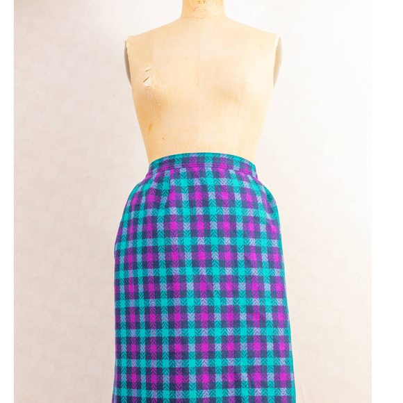 Vintage 80s Tartan Plaid Pendleton Pencil Wiggle Skirt, Purple Teal Black, Sz 16 - Picture 4 of 10